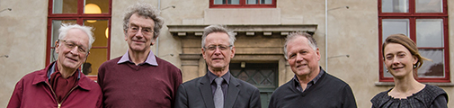 Director emeritus Finn Aaserud (left) with members of the Board of Directors:  Jørgen Christensen-Dalsgaard, former member Asbjørn Hellum, Vilhelm Bohr (chair) and Karin Tybjerg.